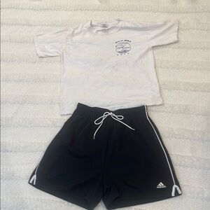 Y2K Adidas Black athletic Shorts White short sleeve cotton Gildan T-shirt boys M